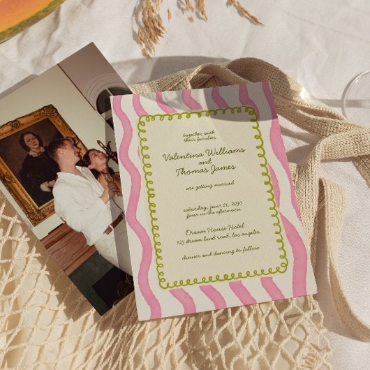 お洒落ピモダンンク&グリーン結婚式招待状 招待状