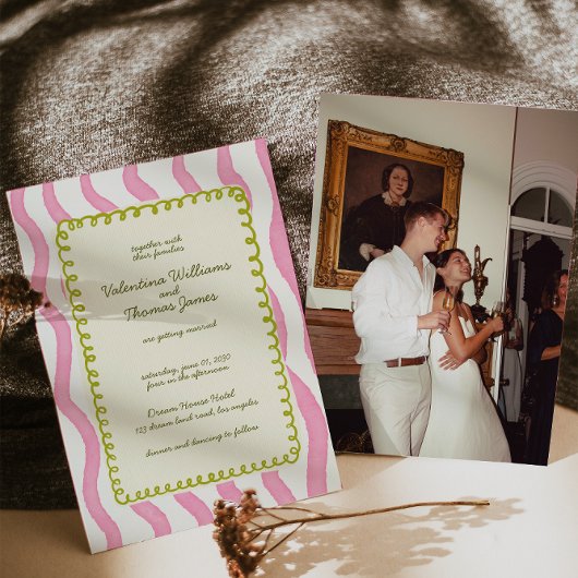 お洒落ピモダンンク&グリーン結婚式招待状 招待状