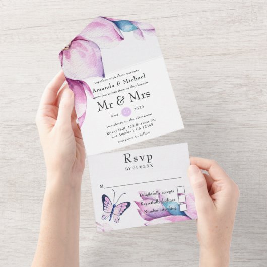 お洒落ピンクマグノリア結婚フローラ オールインワン招待状 (貼ってはがせる)