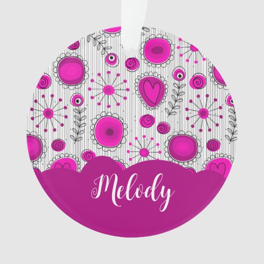 お洒落ピンク白ハート花フローラ名 オーナメント (正面)