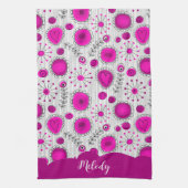 お洒落ピンク白ハート花フローラ名 キッチンタオル (縦)