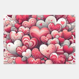 お洒落ファンシーアートグレーと赤のバレンタイン ラッピングペーパーシート