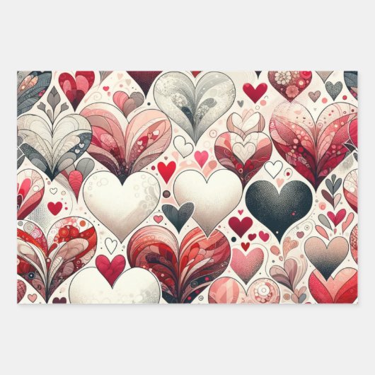 お洒落ファンシーアートグレーと赤のバレンタイン ラッピングペーパーシート (正面3)