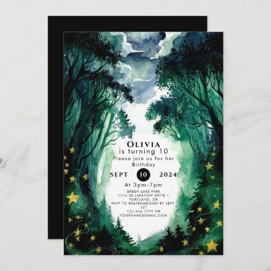 お洒落ファンタジーウッドランド誕生日 招待状 (正面/裏面)