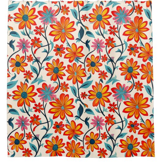 お洒落フォークアートの花 シャワーカーテン (正面)