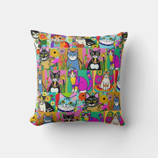 お洒落フォークアートスタイル猫漫画 クッション (正面)