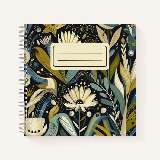 お洒落フォークアートフローラ&バードティール（緑がかった色）ワイルドフラワー ノートブック (正面)