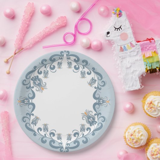 お洒落フォークアートブルー |ベビーシャワー紙プレート ペーパープレート (パーティー)