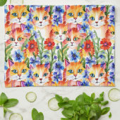 お洒落フォークアート水彩花と猫 キッチンタオル (折り畳み)
