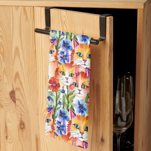 お洒落フォークアート水彩花と猫 キッチンタオル (三つ折り)