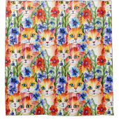 お洒落フォークアート水彩花と猫 シャワーカーテン (正面)