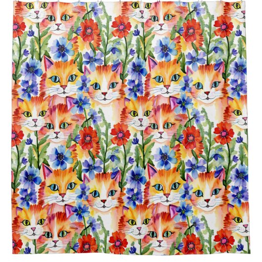 お洒落フォークアート水彩花と猫 シャワーカーテン (正面)