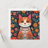 お洒落フォークアート猫と花 カード (正面/裏面インサイチュ)