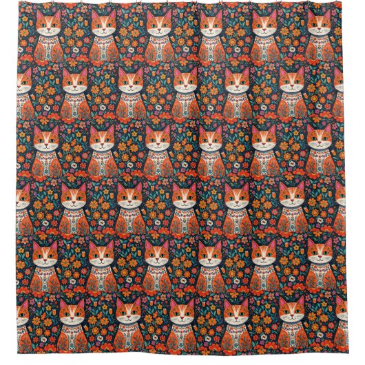 お洒落フォークアート猫と花 シャワーカーテン (正面)