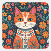 お洒落フォークアート猫と花 スクエアシール (正面)