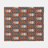 お洒落フォークアート猫と花 フリースブランケット (正面(横))