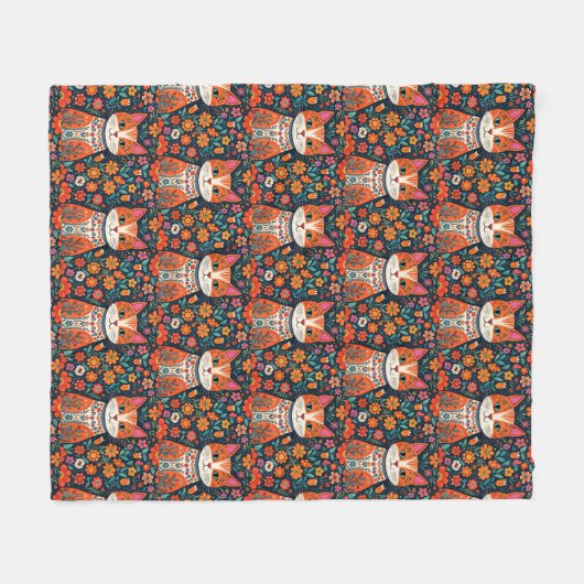 お洒落フォークアート猫と花 フリースブランケット (正面(横))