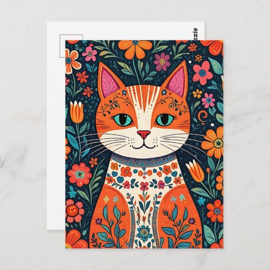 お洒落フォークアート猫と花 ポストカード (正面/裏面)