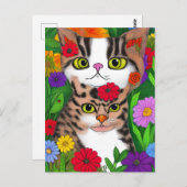 お洒落フォークアート猫と花 ポストカード (正面/裏面)