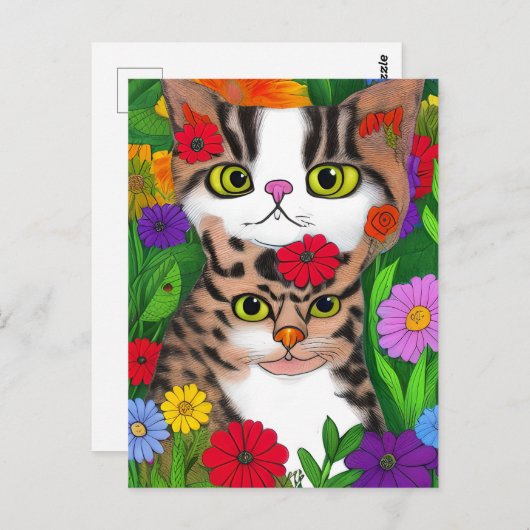 お洒落フォークアート猫と花 ポストカード (正面/裏面)