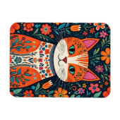 お洒落フォークアート猫と花 マグネット (横)