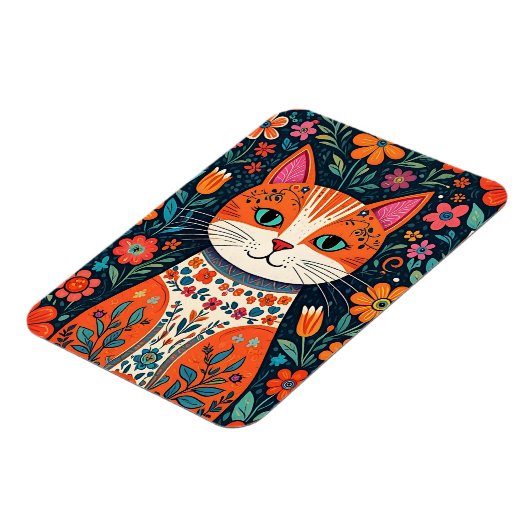 お洒落フォークアート猫と花 マグネット (左側)