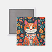 お洒落フォークアート猫と花 マグネット (正面/裏面)