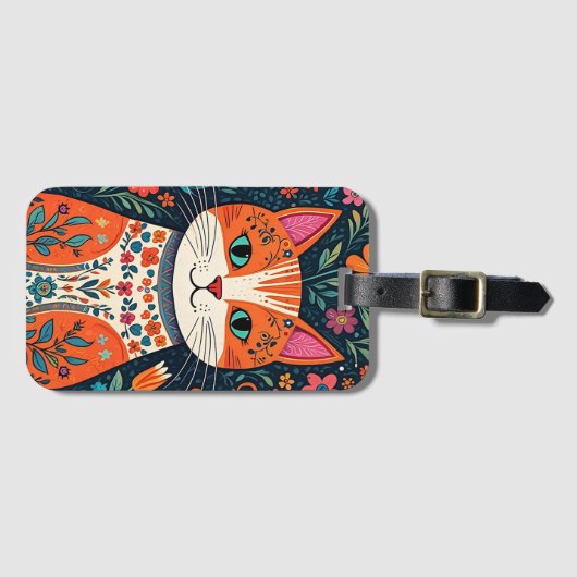お洒落フォークアート猫と花 ラゲッジタグ (正面横)