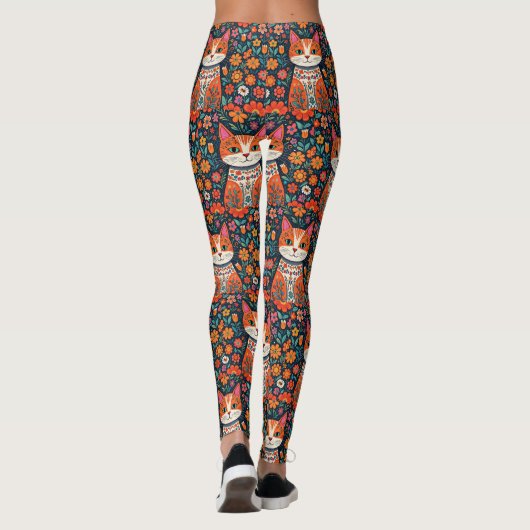 お洒落フォークアート猫と花 レギンス (裏面)