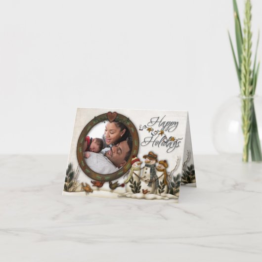 お洒落フォークアート雪だるまクリスマスフォトカード シーズンカード (正面)