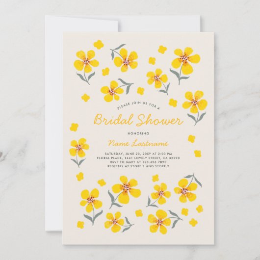 お洒落フォークシンプルイエローフラワーズブライダルシャワー 招待状 (正面)