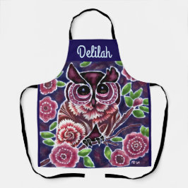 お洒落フクロウの開花枝ピンクブルー エプロン