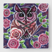 お洒落フクロウの開花枝ピンクブルー スクエア壁時計 (正面)