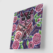 お洒落フクロウの開花枝ピンクブルー スクエア壁時計 (傾斜)