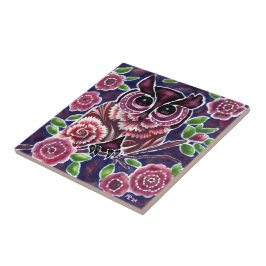 お洒落フクロウの開花枝ピンクブルー タイル