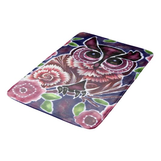 お洒落フクロウの開花枝ピンクブルー バスマット (アングル)