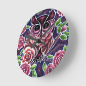 お洒落フクロウの開花枝ピンクブルー ラウンド壁時計 (傾斜)