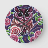 お洒落フクロウの開花枝ピンクブルー ラウンド壁時計 (正面)