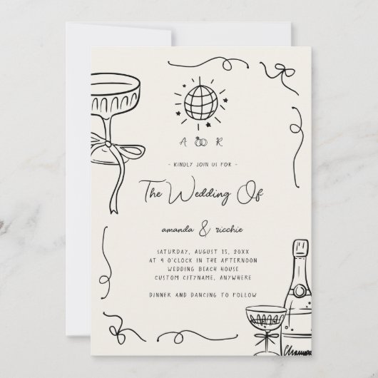 お洒落フランスのおもしろいモノグラム手描き結婚の 招待状 (正面)