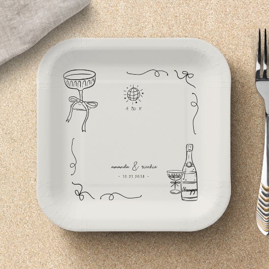 お洒落フランスのおもしろい手書き婚約パーティ ペーパープレート