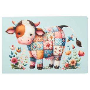 お洒落フローラアクセント付きパッチワーク牛 メタルプリント