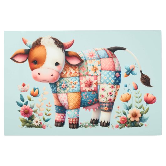 お洒落フローラアクセント付きパッチワーク牛 メタルプリント (正面)