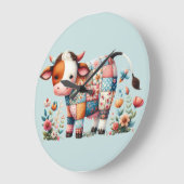 お洒落フローラアクセント付きパッチワーク牛 ラージ壁時計 (傾斜)