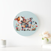 お洒落フローラアクセント付きパッチワーク牛 ラージ壁時計 (ホーム)