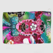 お洒落フローラカウピンクティール(緑がかった色)ブラックパーソナライズされた ゴルフタオル (横)