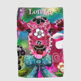 お洒落フローラカウピンクティール（緑がかった色）ブラックパーソナライズされた ゴルフタオル