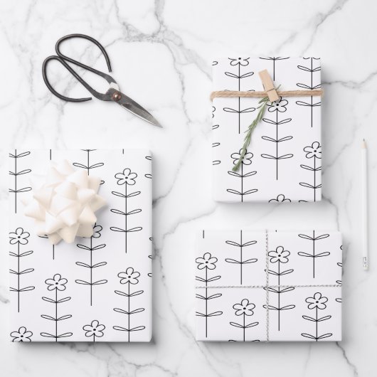 お洒落フローララインアートスケッチ白黒 ラッピングペーパーシート (正面)