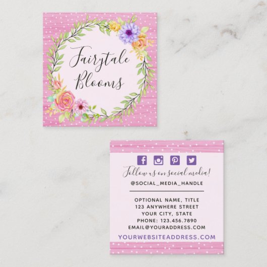 お洒落フローラリースとウッド素朴ソーシャルメディア スクエア名刺 (正面/裏面)