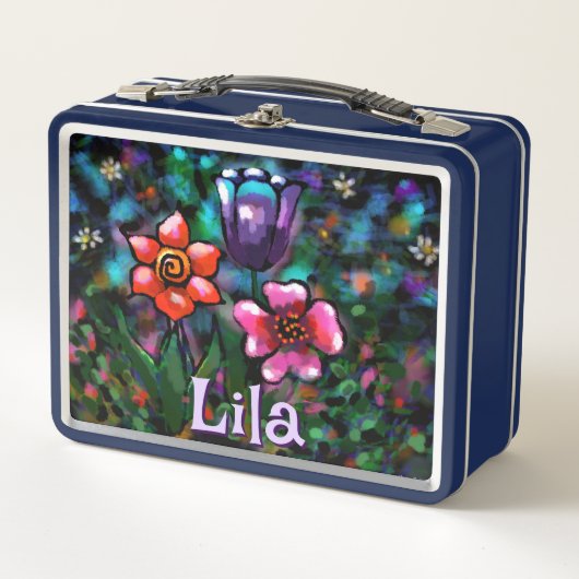 お洒落フローラ紫ブルーピンクパーソナライズされた色 メタルランチボックス (正面)