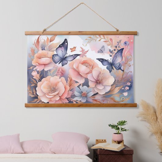 お洒落フローラ蝶よくはしゃぐデザイン 吊り下げ型タペストリー (寝室)